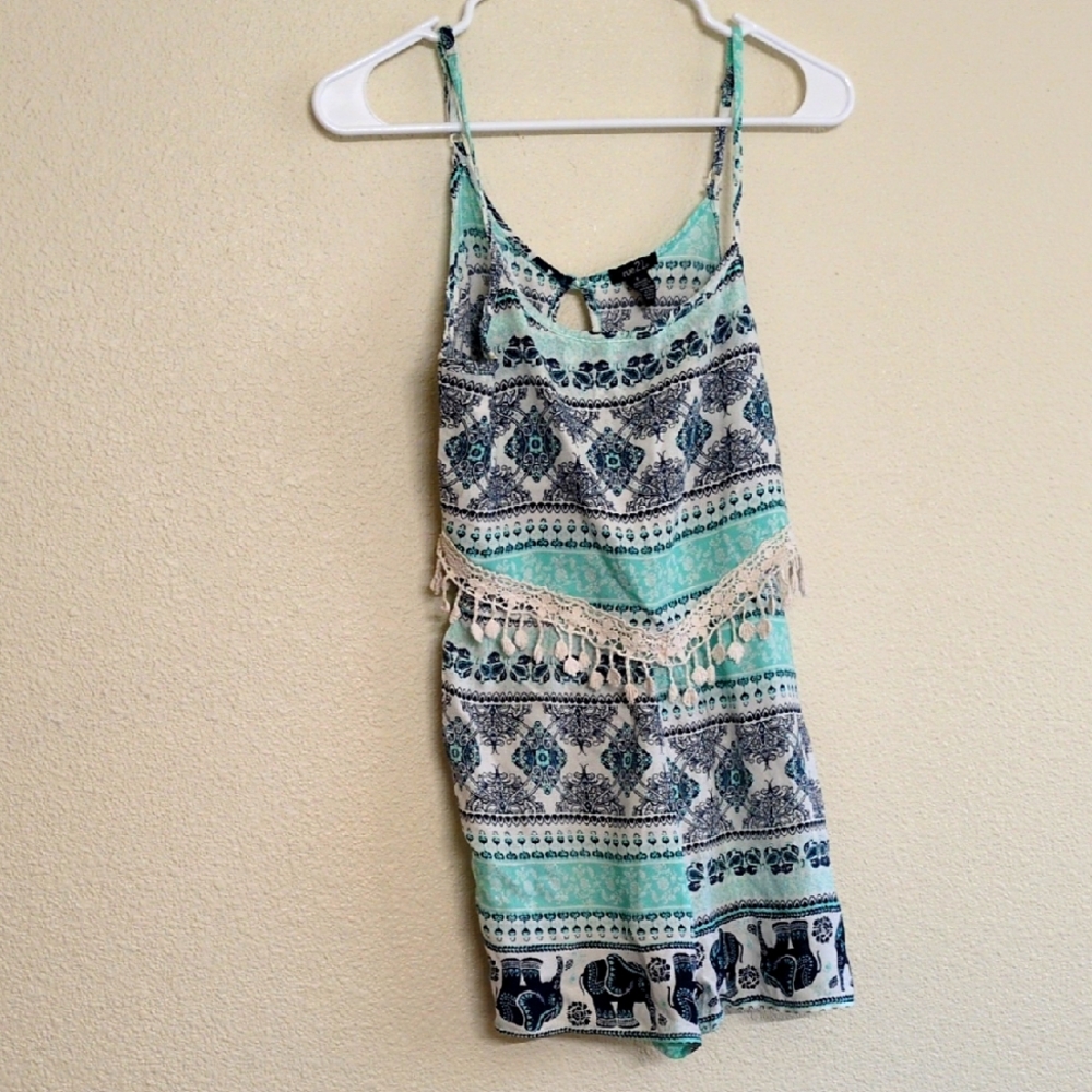 Rue 21 Patterned Aqua and Navy Blue Women's Romper Size Small